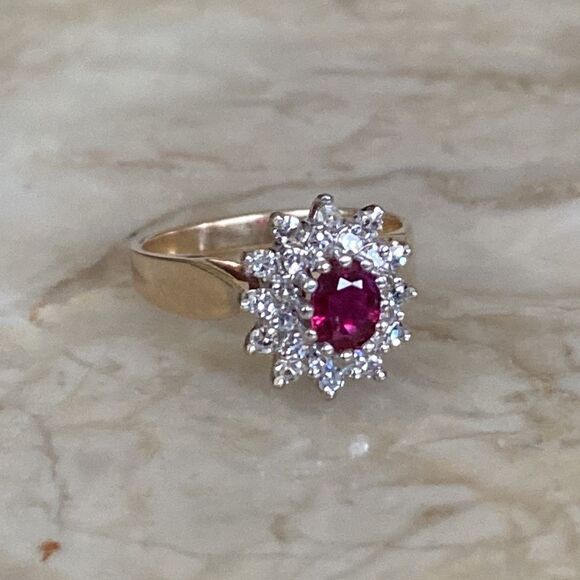 14K Natural Burmese Ruby & Diamond Cluster Ring - Picture 1 of 13